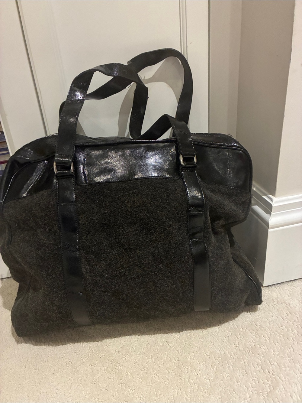 Vintage Black Wool & Faux Leather Duffle Tote Bag Silver Hardware👝